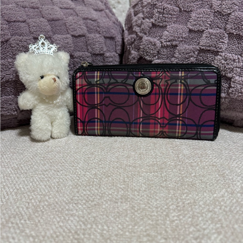 Coach Plaid Signature Zip Wallet in Pink and Purple